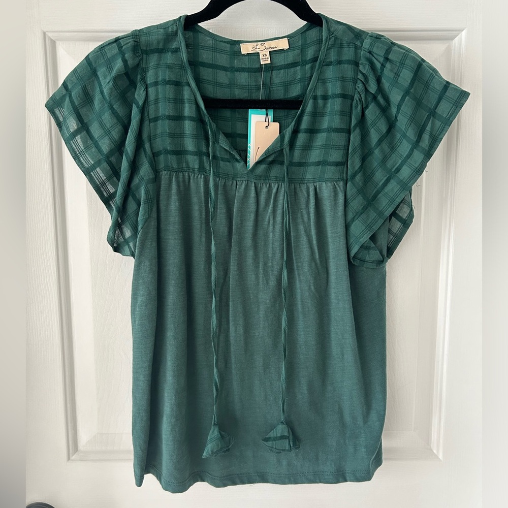 Green blouse with flutter sleeve